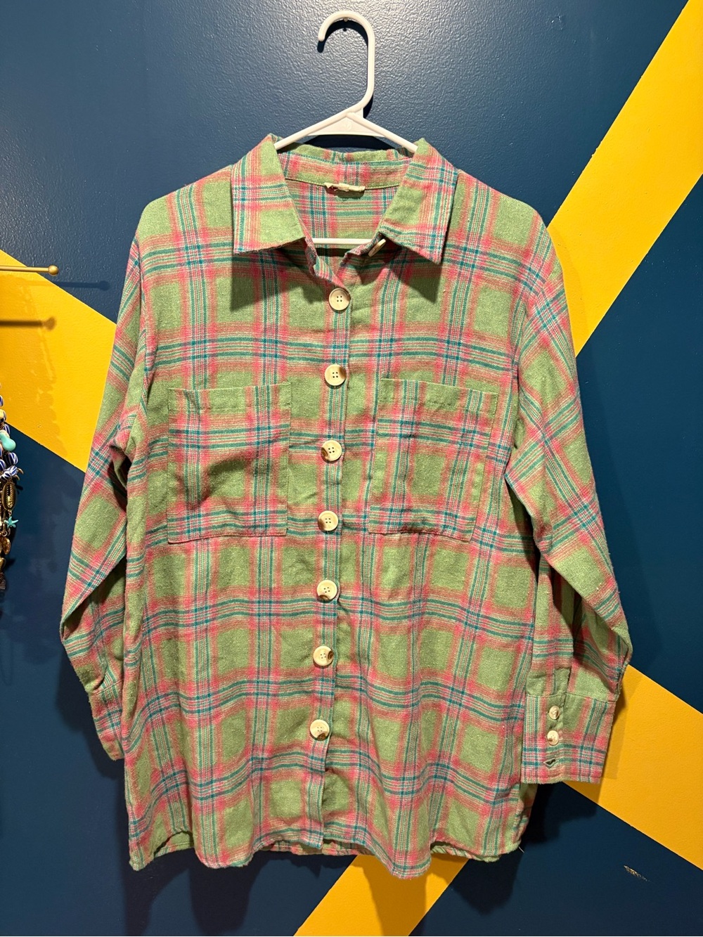 Jodifl Green, Pink & Blue Plaid Flannel Shirt GUC